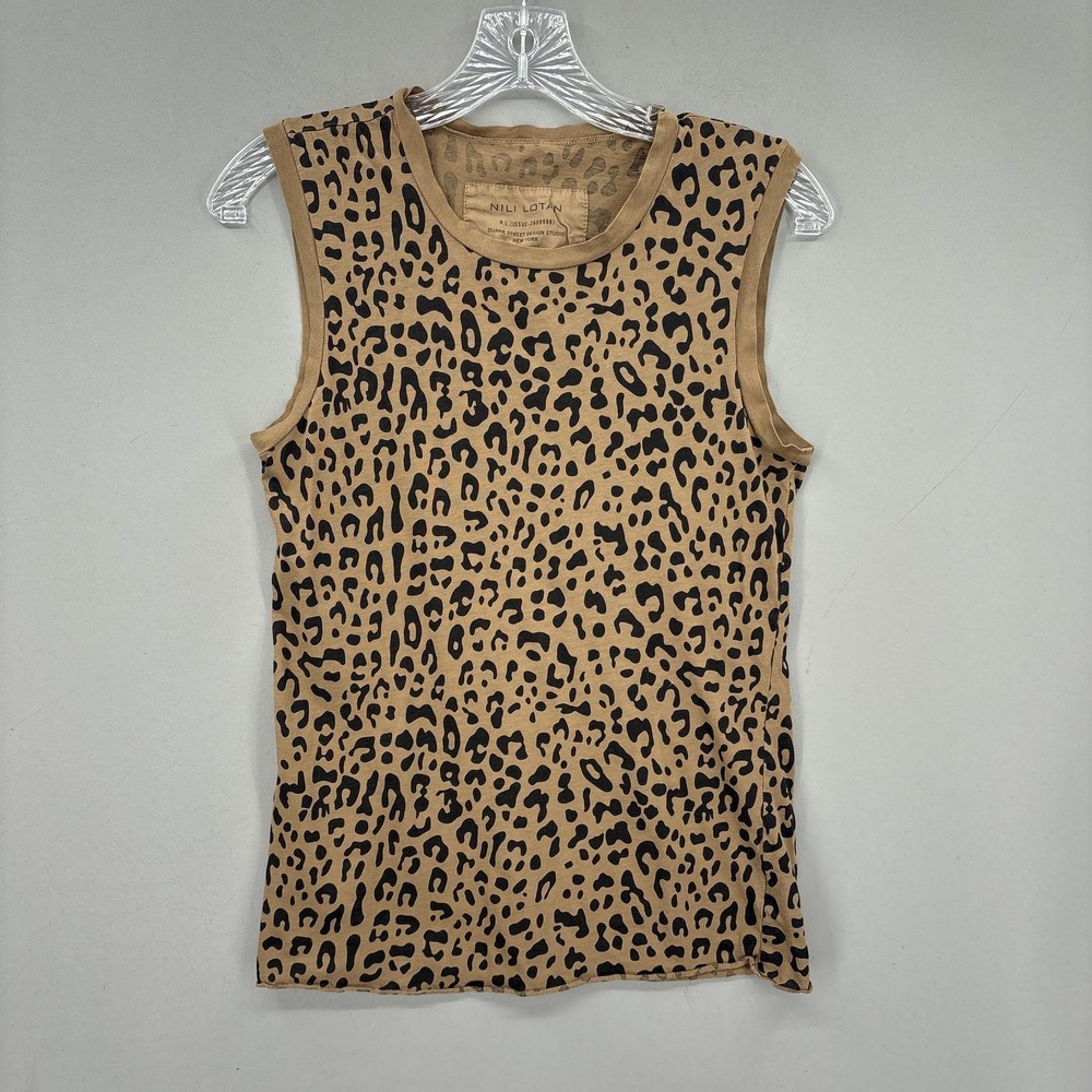 Nili Lotan Tank Top Womens XS Brown Leopard Print Cotton Jersey Sleeveless Crew